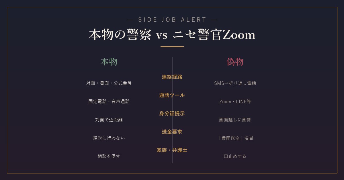 本物の警察とニセ警官Zoomの違い